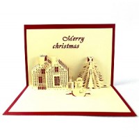 Handmade 3D Pop Up Christmas Card Merry Xmas Cottage Brick Farmhouse Snowman Pine Tree Wood Star Seasonal Greetings Celebrations Card
